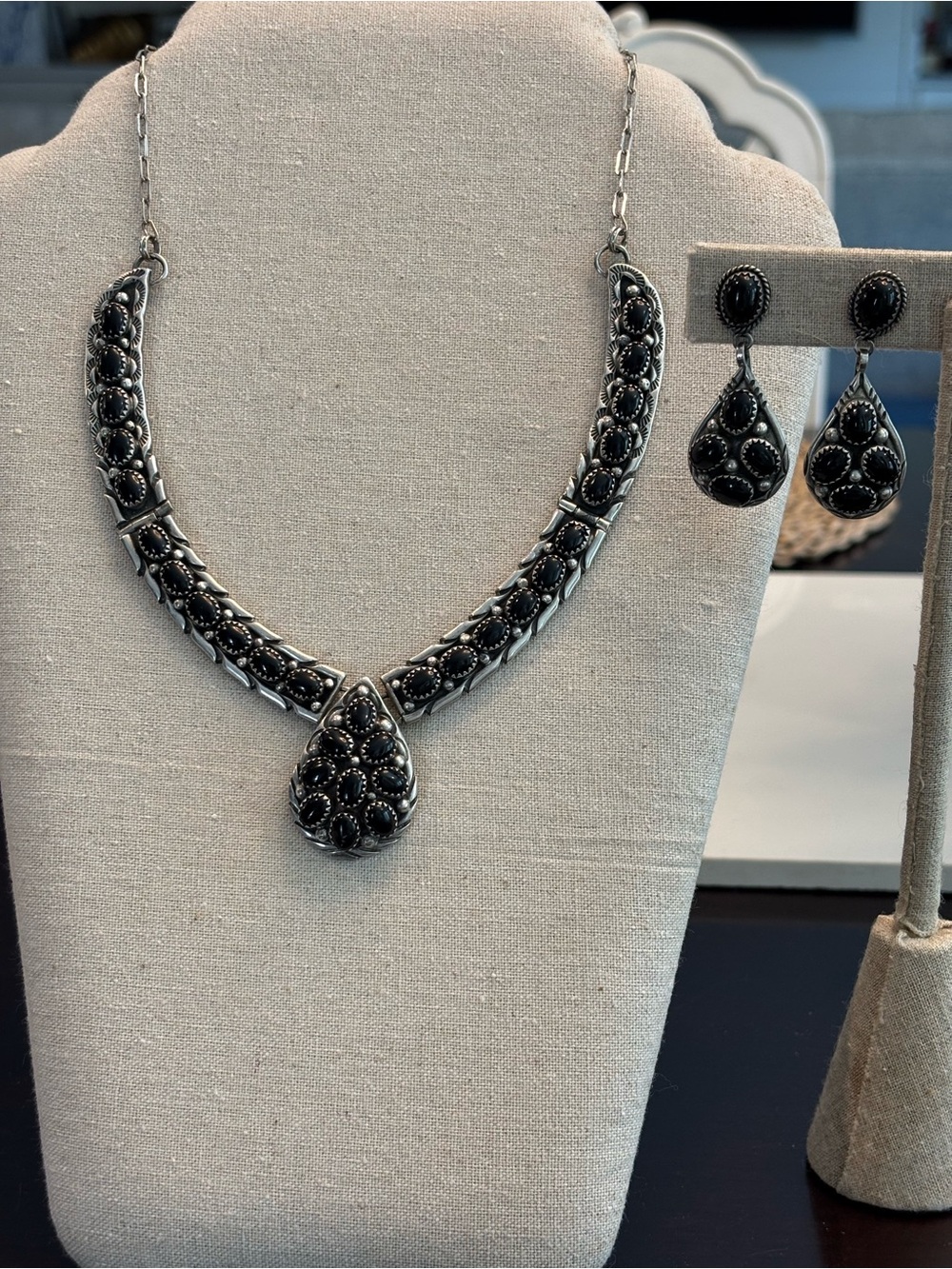 Signed Sterling-Style Black Stone Teardrop Necklace & Earring Set